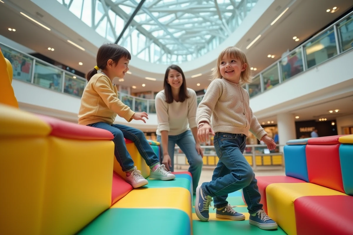 Enfants jouant dans l'aire de jeux intérieure du magasin Dancharia sous le regard bienveillant de leur mère