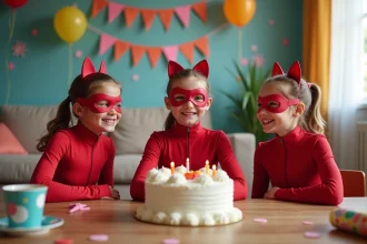 Trois enfants déguisés en Totally Spies lors d'une fête d'anniversaire