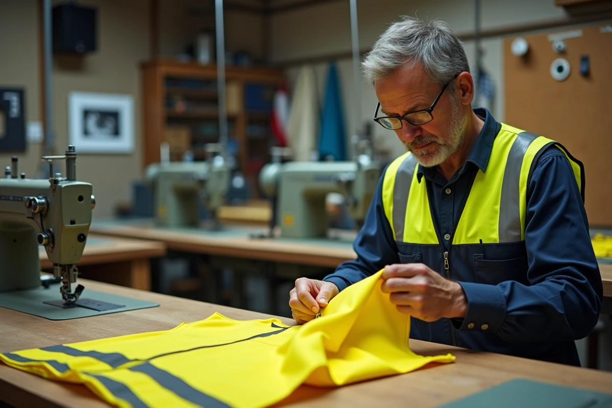 Artisan français inspectant un gilet jaune de sécurité fabriqué en France dans un atelier de confection textile