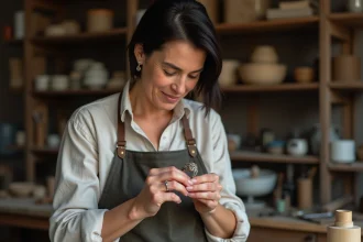 Artisane femme examinant une bague artisanale dans son atelier