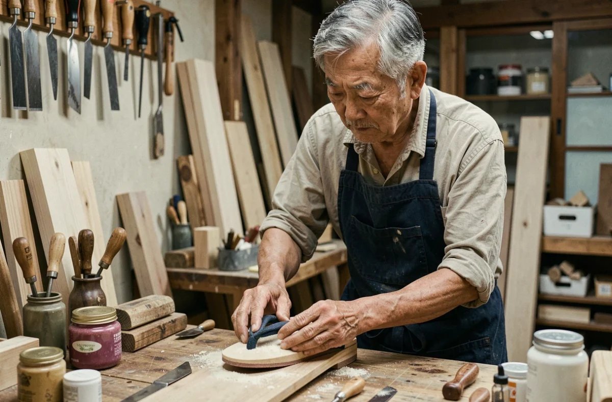 Artisan japonais âgé en tablier marine ponçant une geta traditionnelle à la main dans son atelier, expression concentrée et outils de menuiserie suspendus en arrière-plan