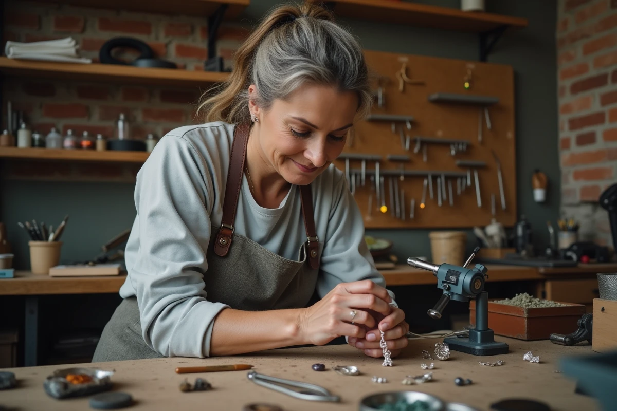 Artisane bijoutière inspectant un pendentif en argent à la loupe dans un atelier artisanal authentique