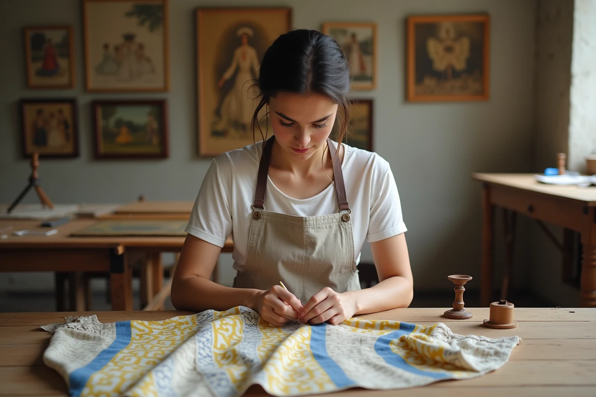 Jeune artisane brodant un corsage provençal traditionnel dans un atelier de couture du patrimoine textile français