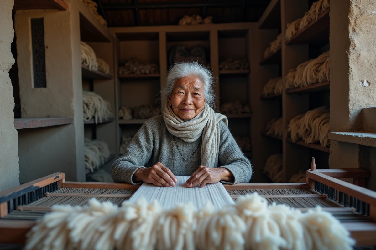 Artisane népalaise tissant un pashmina à la main sur un métier à tisser traditionnel
