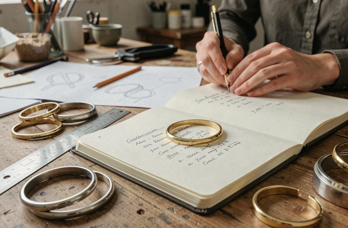 Atelier de bijouterie avec plusieurs joncs personnalisables disposés sur un bureau en bois et des notes de commande manuscrites