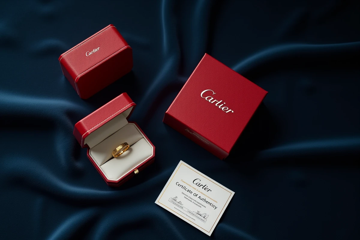 Bague Cartier Love homme en or jaune présentée avec son écrin rouge original, certificat d'authenticité et carte de référence sur velours marine pour vérification