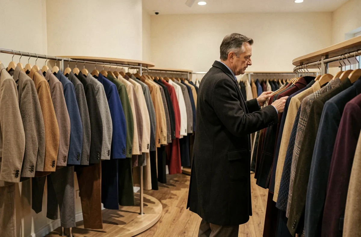 Intérieur du magasin d'usine Bernard Philips avec des vêtements classiques français sur des portants organisés par couleur