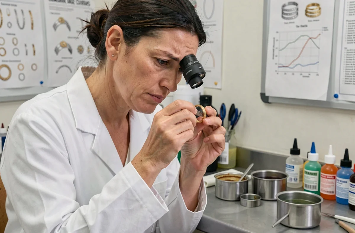 Bijoutière experte examinant une bague en or plaqué à la loupe dans un atelier de joaillerie professionnel