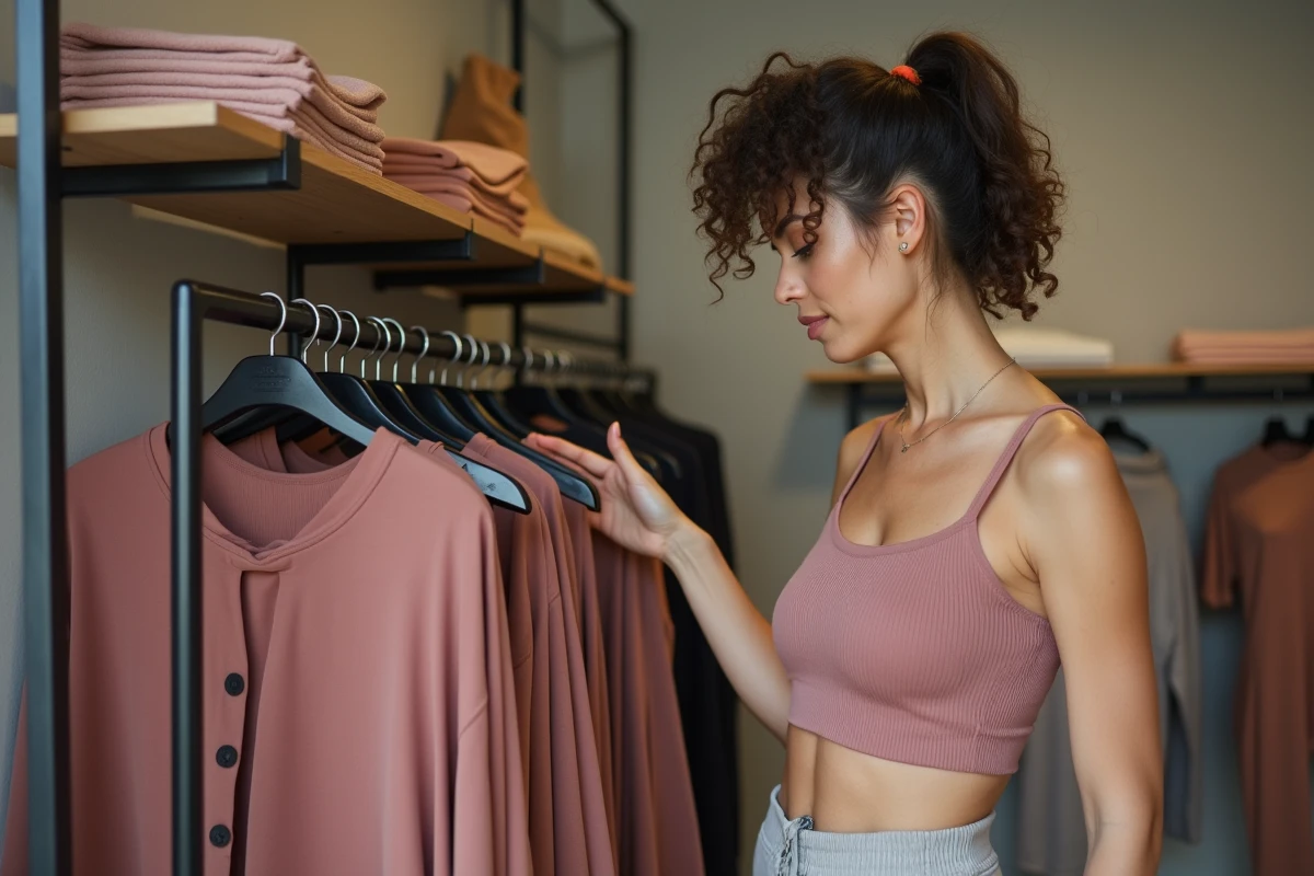 Femme explorant des vêtements de sport durables dans une boutique de mode éthique indépendante, alternatives responsables à la marque Halara