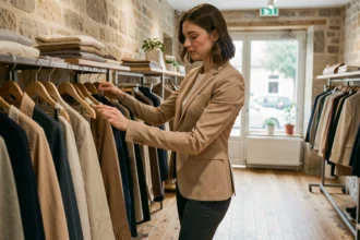 Femme parcourant les vêtements dans une boutique de mode indépendante en Loire-Atlantique, intérieur en pierre avec parquet en bois