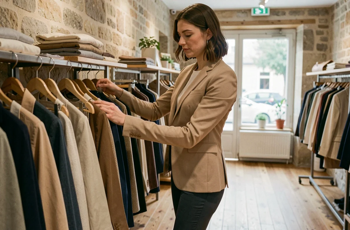 Femme parcourant les vêtements dans une boutique de mode indépendante en Loire-Atlantique, intérieur en pierre avec parquet en bois