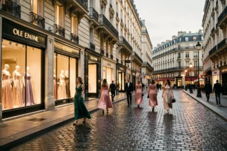 Rue parisienne élégante avec vitrines de boutiques de robes de soirée la nuit