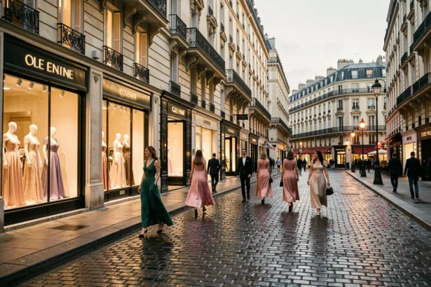 Rue parisienne élégante avec vitrines de boutiques de robes de soirée la nuit