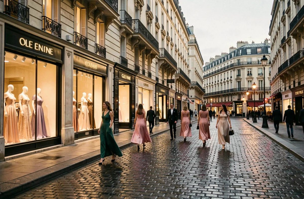 Rue parisienne élégante avec vitrines de boutiques de robes de soirée la nuit
