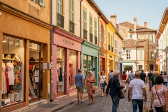 Rue commerçante animée des Pyrénées-Orientales avec des boutiques de vêtements colorées et des passants faisant du shopping