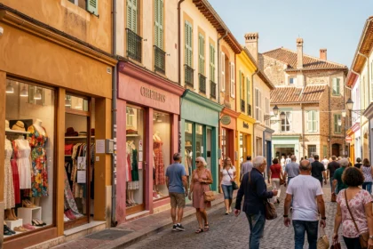 Rue commerçante animée des Pyrénées-Orientales avec des boutiques de vêtements colorées et des passants faisant du shopping