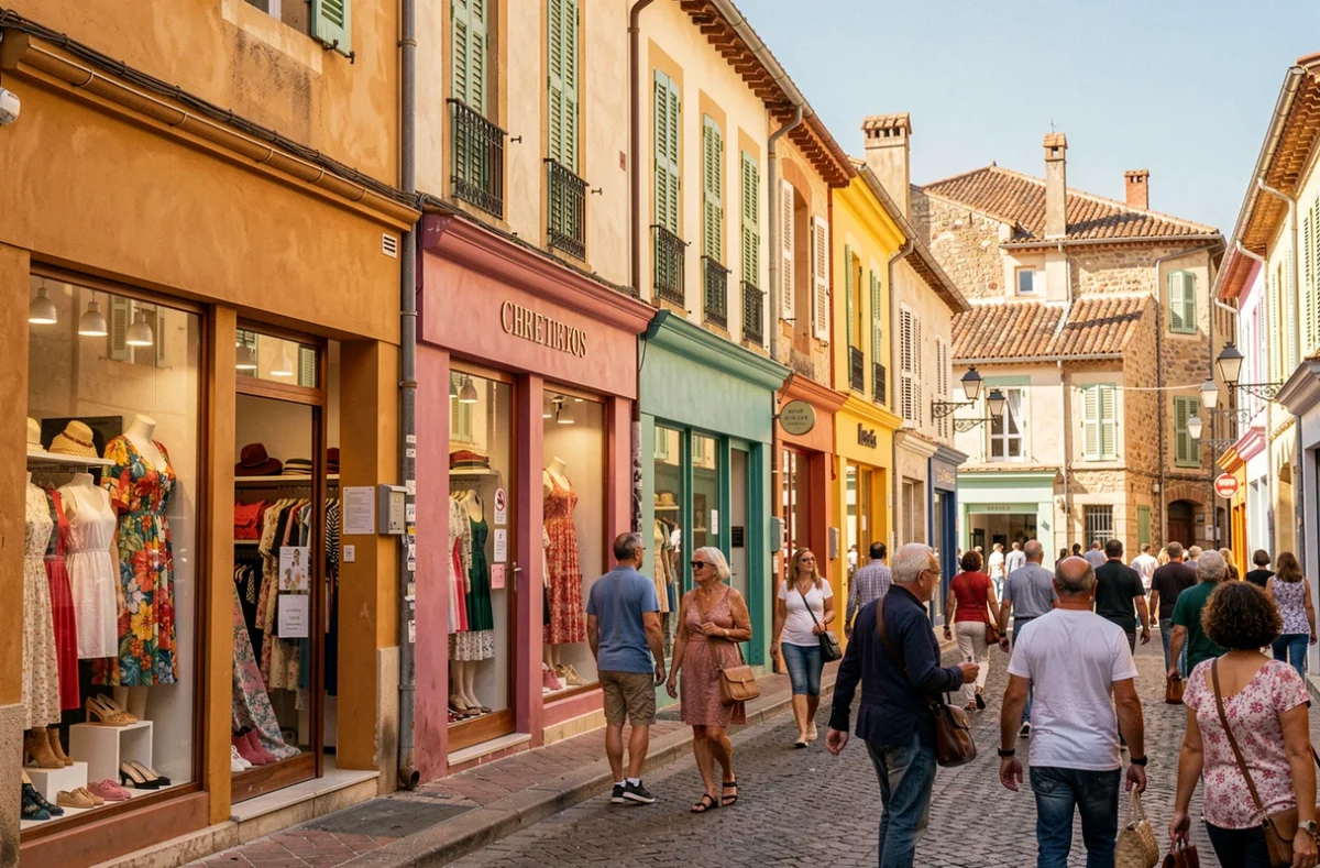 Rue commerçante animée des Pyrénées-Orientales avec des boutiques de vêtements colorées et des passants faisant du shopping