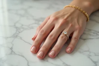 Main de femme portant un bracelet en commun doré et une bague de fiançailles solitaire sur marbre blanc