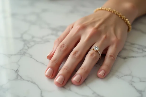 Main de femme portant un bracelet en commun doré et une bague de fiançailles solitaire sur marbre blanc