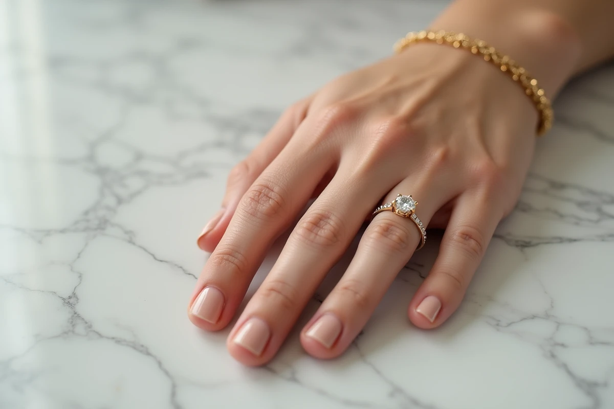 Main de femme portant un bracelet en commun doré et une bague de fiançailles solitaire sur marbre blanc