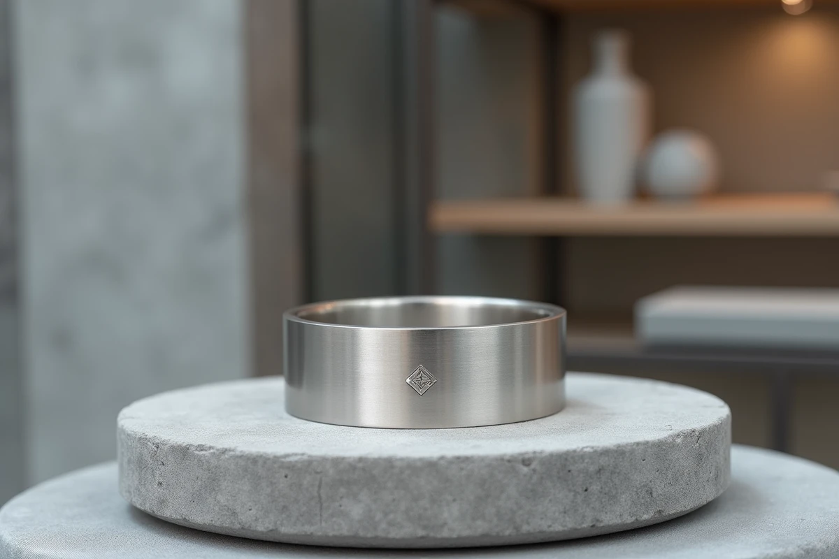 Bracelet large minimaliste en argent posé sur un socle en béton dans une boutique de bijoux contemporaine