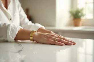 Bracelet large minimaliste en or porté au poignet d'une femme en chemise blanche sur fond marbre épuré