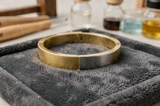 Bracelet en or plaqué 18 carats posé sur un plateau de bijoutier en velours gris, révélant la fine couche dorée et l'usure du métal de base