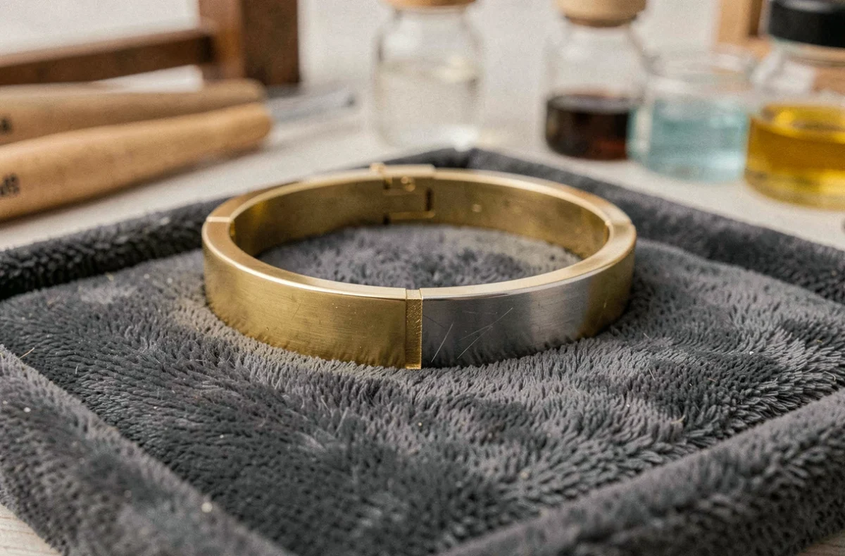 Bracelet en or plaqué 18 carats posé sur un plateau de bijoutier en velours gris, révélant la fine couche dorée et l'usure du métal de base