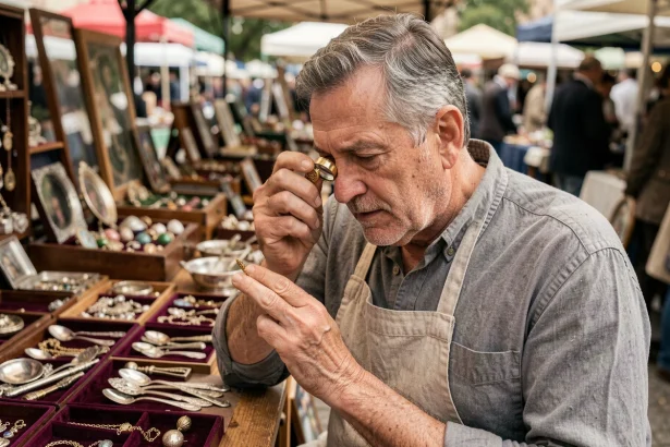 Brocanteur expérimenté examinant un bijou en or ancien avec une loupe dans un marché aux puces