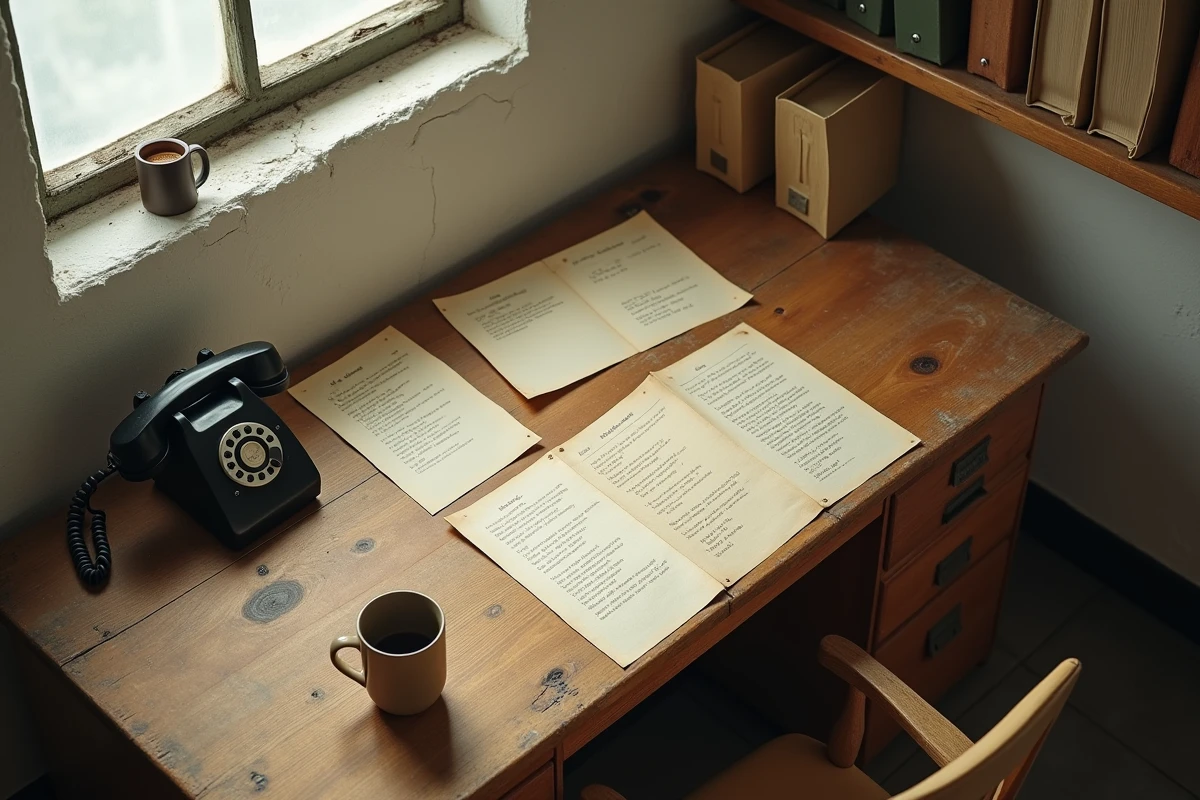 Bureau ancien et austère avec des échantillons de tissu et des notes manuscrites, symbolisant les origines modestes et la culture du secret du fondateur de Zara Amancio Ortega