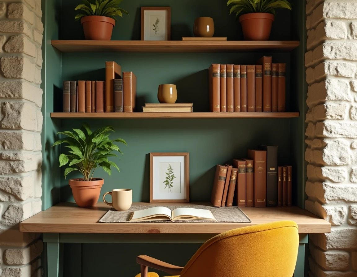 Bureau à domicile avec étagères vert kaki, pots en terracotta et bureau en bois naturel dans une alcôve en pierre