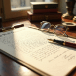 Bureau vintage luxe avec stylo or et document de testament