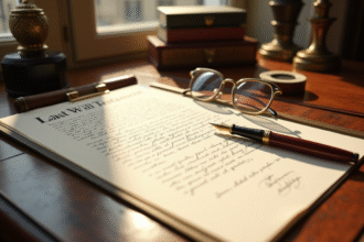Bureau vintage luxe avec stylo or et document de testament