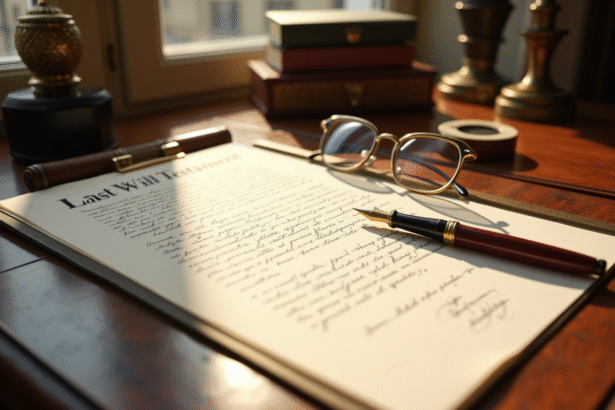 Bureau vintage luxe avec stylo or et document de testament