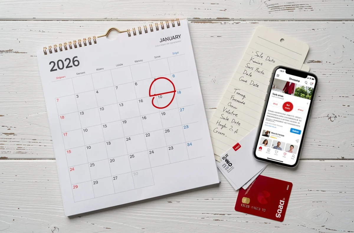 Calendrier 2026 avec les dates des soldes encerclées en rouge sur une table
