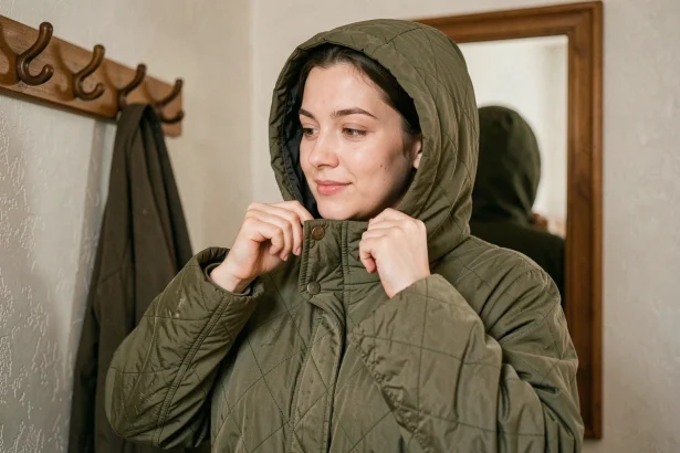Femme attachant une capuche doudoune amovible sur une vieille veste matelassée verte dans une entrée d'appartement