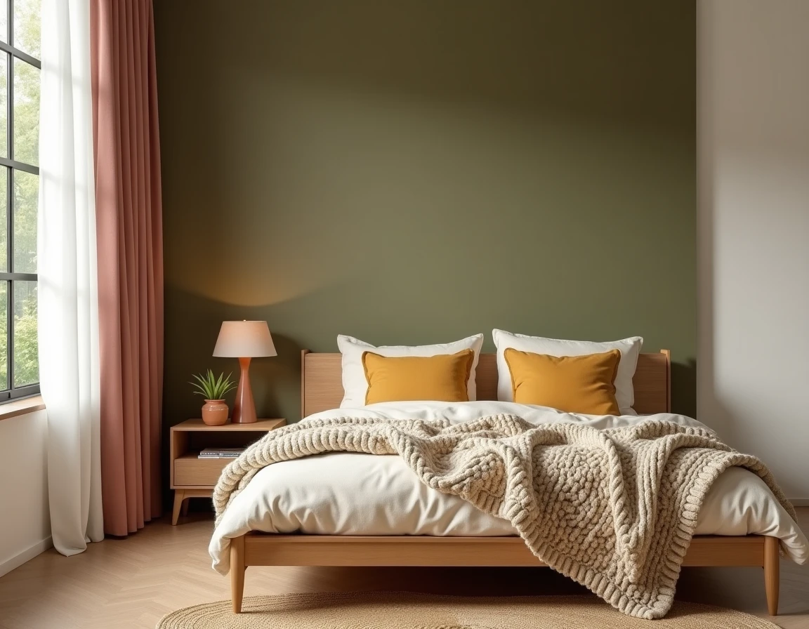 Chambre apaisante avec mur vert kaki, couverture crème en tricot et coussins ocre jaune dans un intérieur naturel