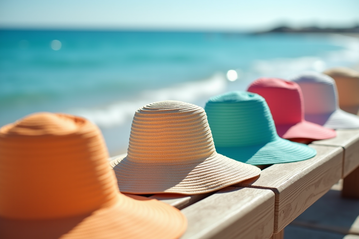 Chapeaux de soleil colorés sur un banc au bord de la mer