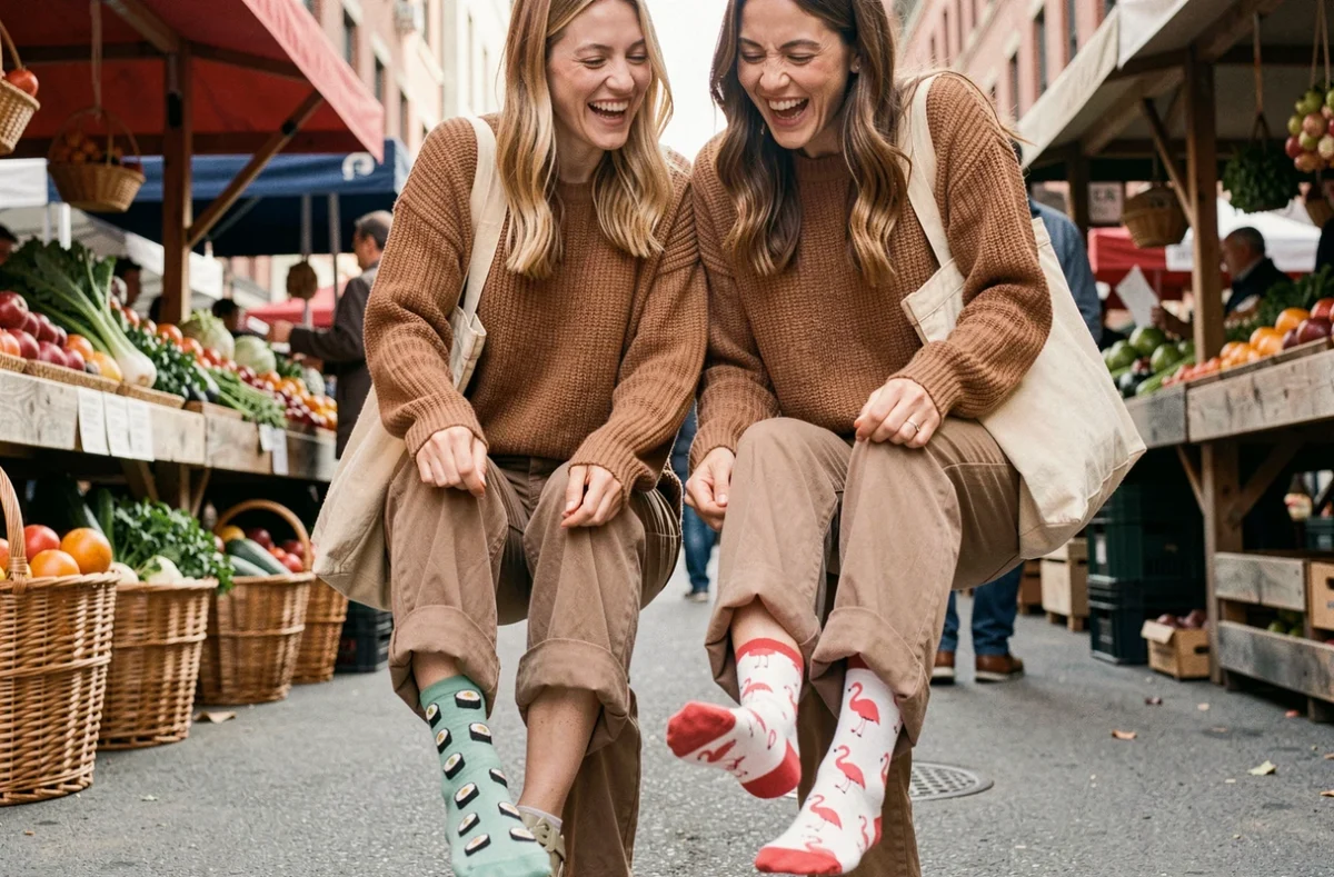 Deux femmes au marché comparant leurs chaussettes fantaisie originales, l'une à motif sushis et l'autre flamants roses