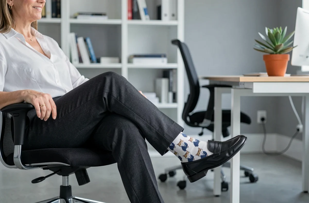 Femme au bureau en entreprise croisant les jambes pour révéler ses chaussettes humoristiques à motif chats en costume, look professionnel et décalé