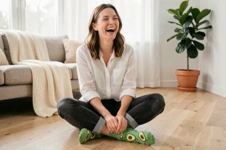 Femme souriante assise sur un parquet en bois montrant des chaussettes humoristiques à motif avocat, dans un salon scandinave cosy