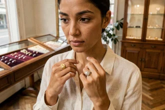 Femme comparant une chevalière en or blanc et une chevalière en or jaune dans une bijouterie parisienne