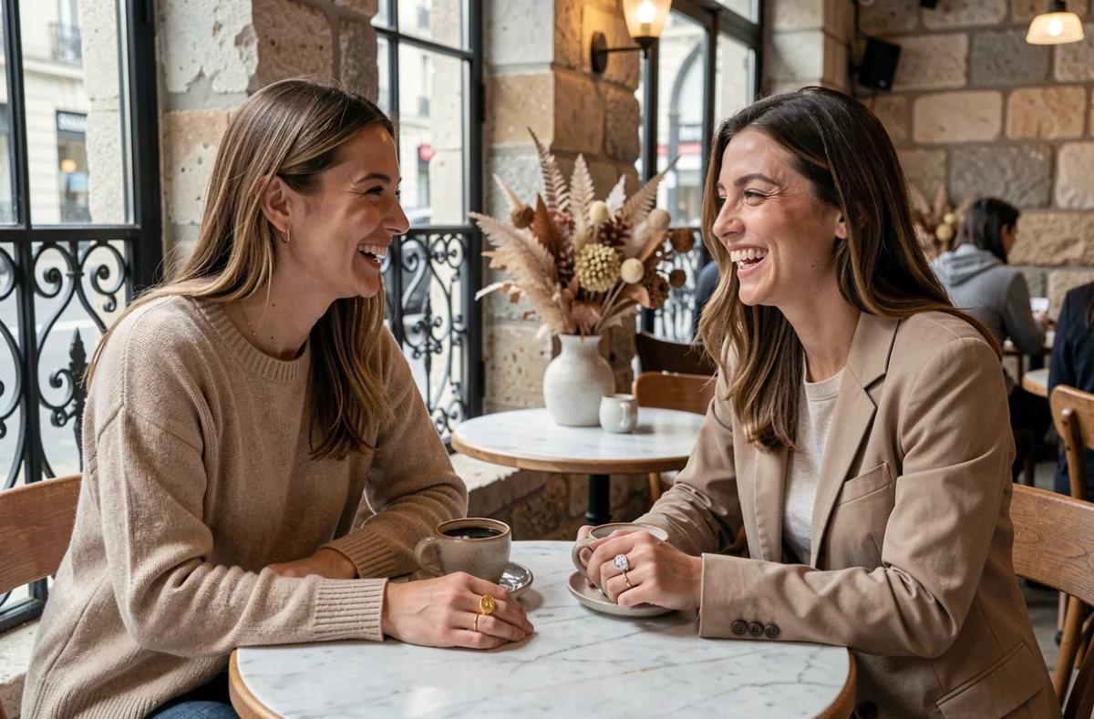 Deux femmes portant des chevalières en or jaune et or blanc dans un café parisien