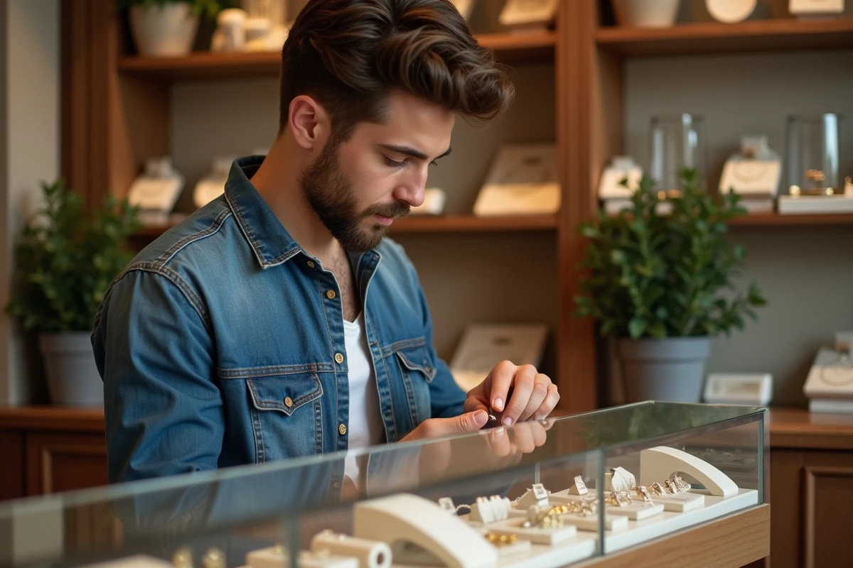 Jeune homme inspectant une bague artisanale en boutique élégante