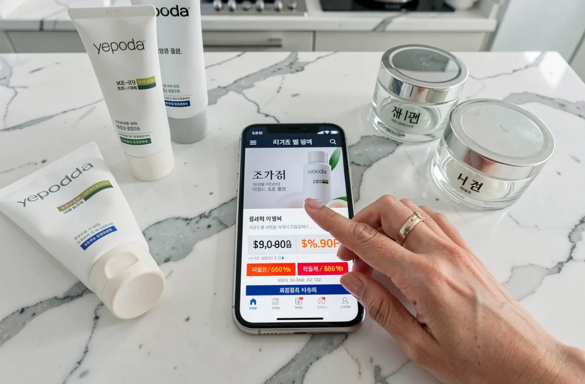 Smartphone affichant un code de réduction Yepoda sur un comptoir en marbre entouré de produits de soin coréens