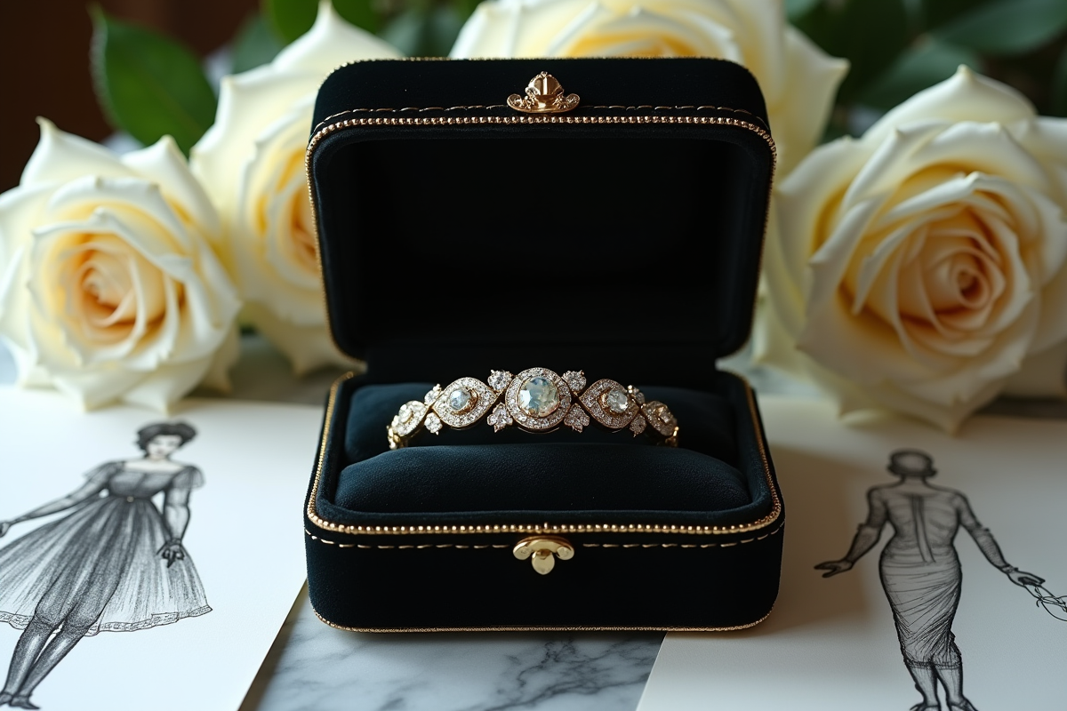 Coffret bijoux en velours avec roses blanches et esquisses de mode