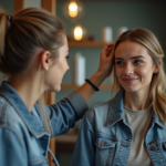 Femme en salon examinant sa coupe de cheveux