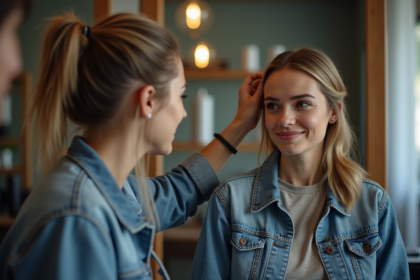 Femme en salon examinant sa coupe de cheveux