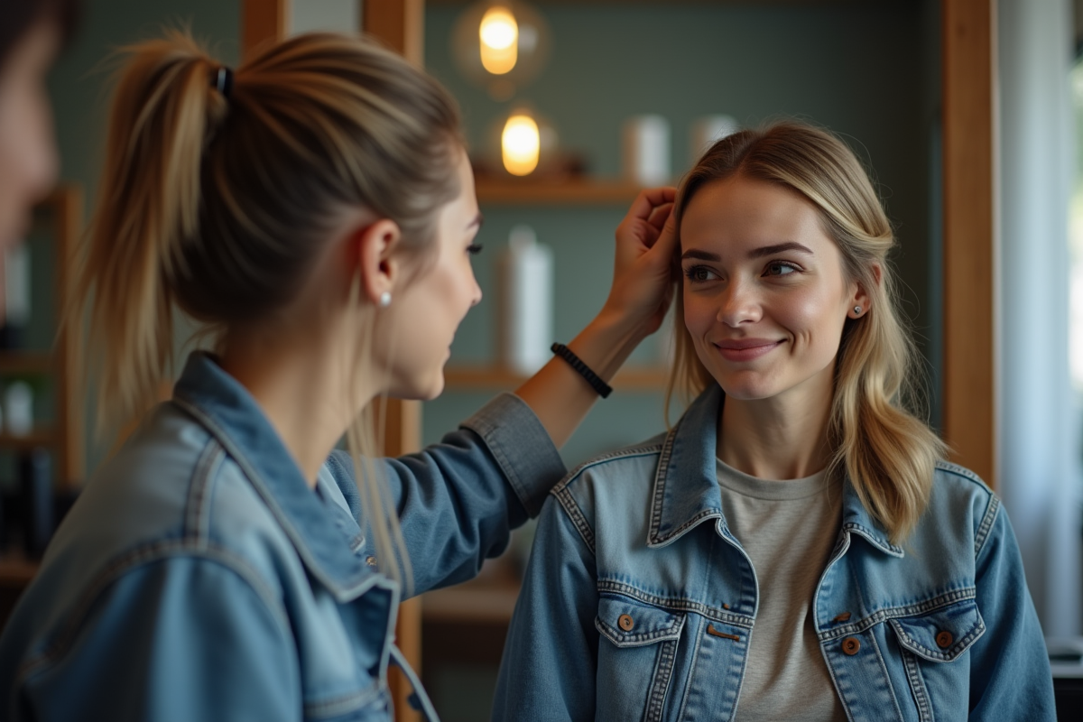 Femme en salon examinant sa coupe de cheveux
