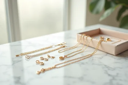 Collection de bijoux fins en or et argent disposés sur marbre blanc dans une boutique élégante